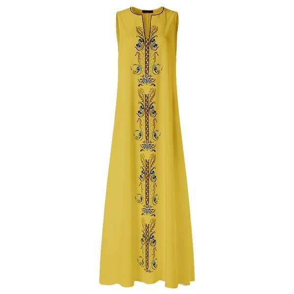 Women Boho Vintage Print Sleeveless V-Neck Loose Casual Maxi Dress