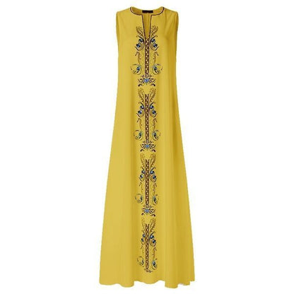 Women Boho Vintage Print Sleeveless V-Neck Loose Casual Maxi Dress