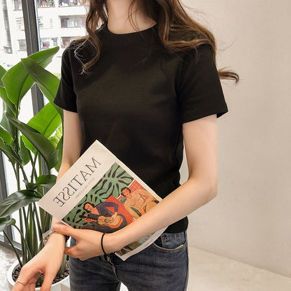 Camiseta básica informal de manga corta con cuello redondo y color liso para mujer