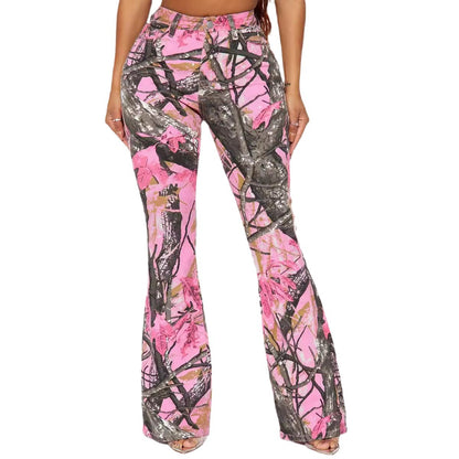 Women Fashion Casual Pink Camouflage High Waist Slim-Fit Pants