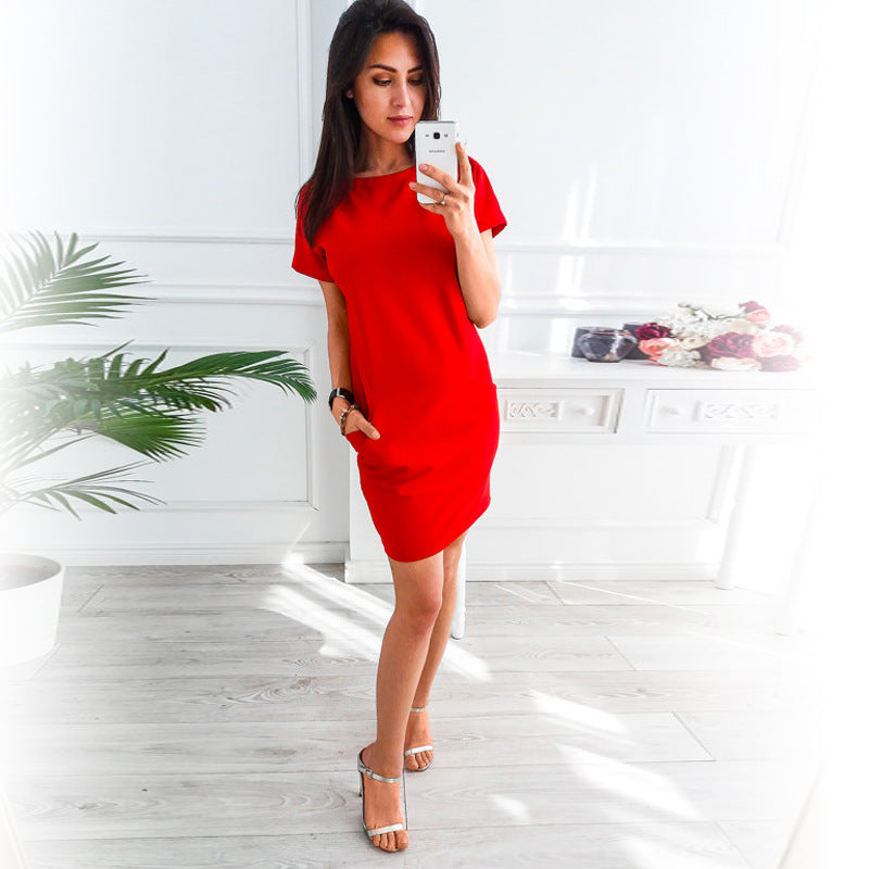 Women'S Solid Color Elegant Casual Loose Short Sleeve Round Neck Dress