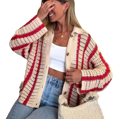 Women Sweet Casual Stripe Hollow Knitted Cardigan Jacket Top And Shorts Two Pieces Set