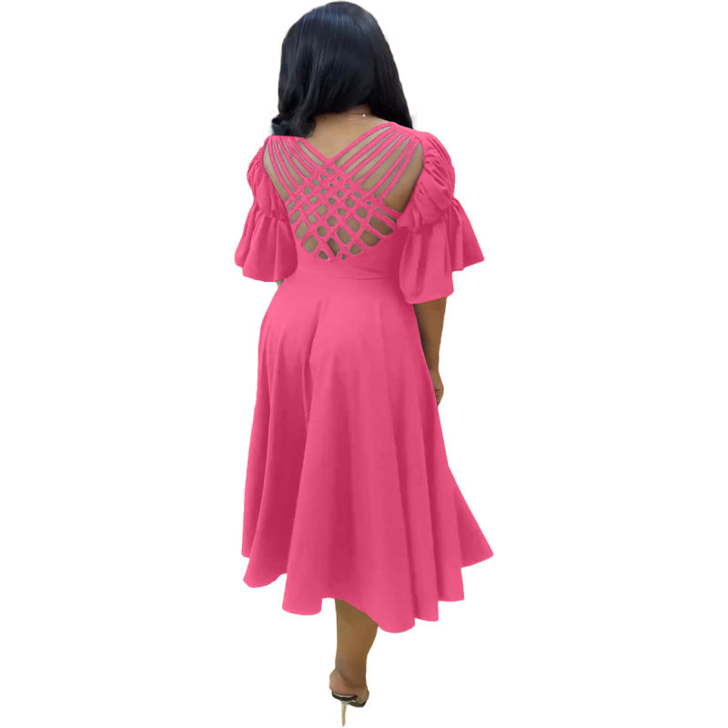 Women Casual Fashion V-Neck Ruffled Sleeves Hollow Backless Slit Swing Midi Dress