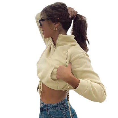 Sudadera corta informal de cuello alto con cremallera y color liso para mujer