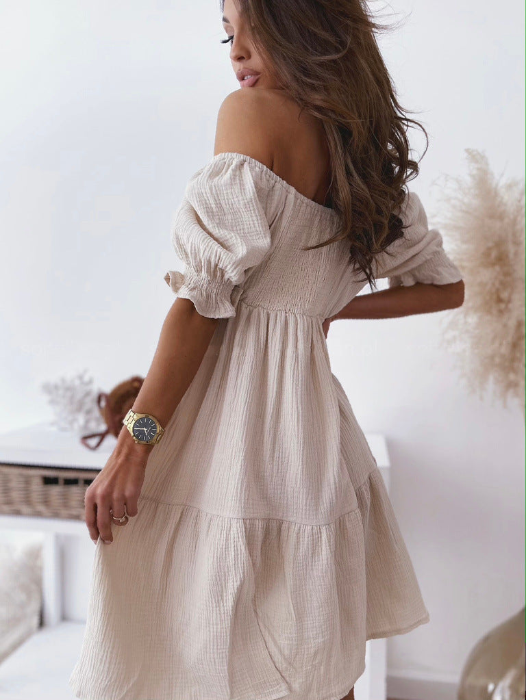 Summer Women Casual Vacation Off Shoulder Solid Color Ealstic Loose Dress