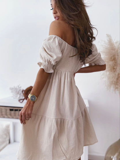 Summer Women Casual Vacation Off Shoulder Solid Color Ealstic Loose Dress