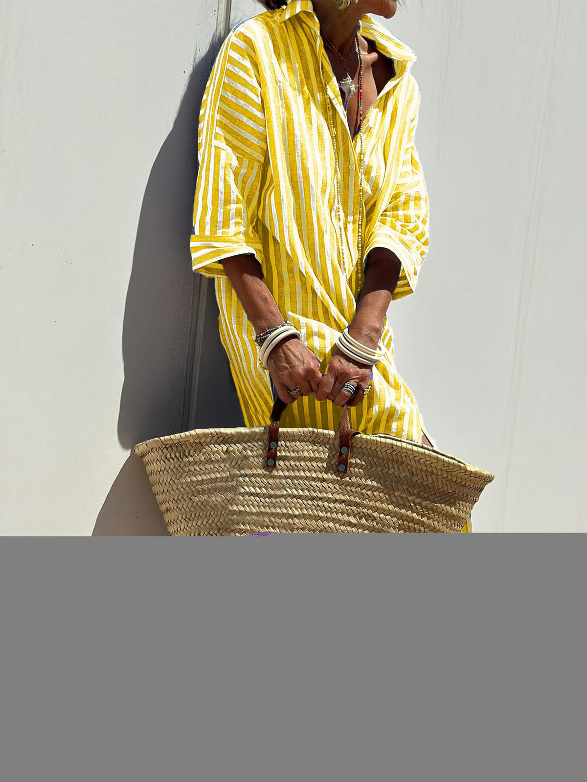 Women Casual Lapel Stripe Shirt Split Dress