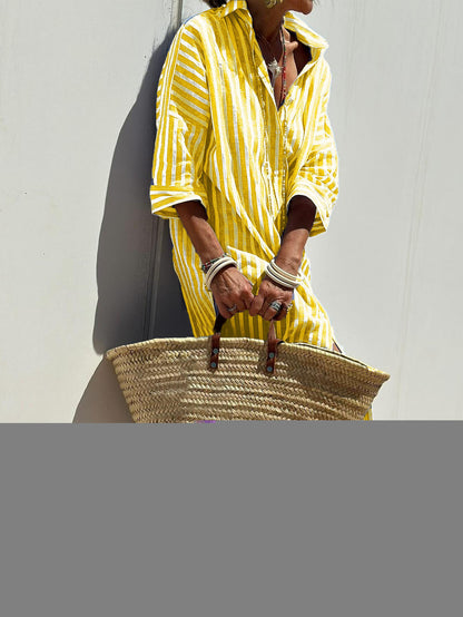 Women Casual Lapel Stripe Shirt Split Dress