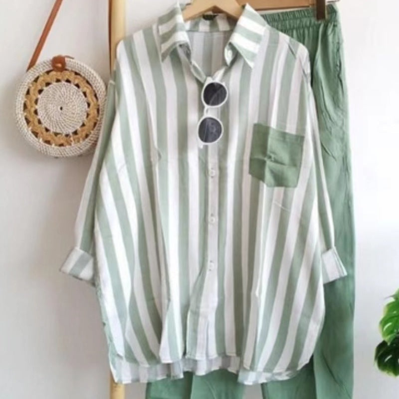 Conjunto de dos piezas de top y pantalón de manga larga informal a rayas para mujer
