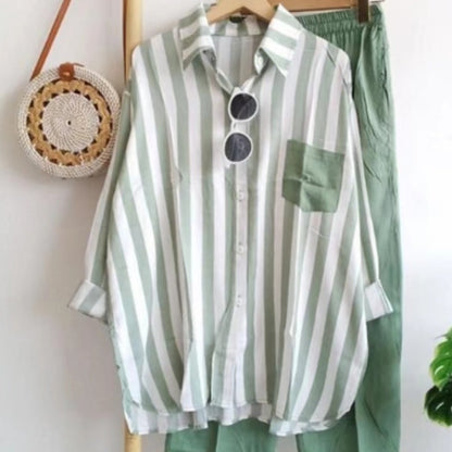 Conjunto de dos piezas de top y pantalón de manga larga informal a rayas para mujer