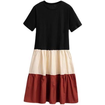 Women'S Fashion Casual Color Blocking Stitching Short Sleeve Loose Dress
