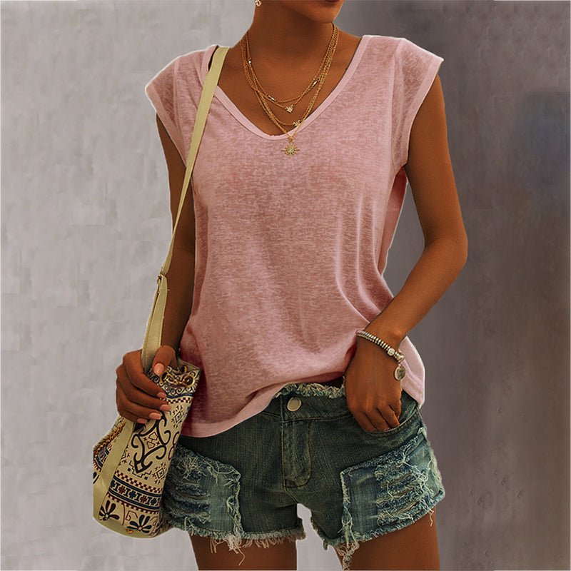 Women Casual Solid Color V Neck Simple Loose Sleeveless Tank Top