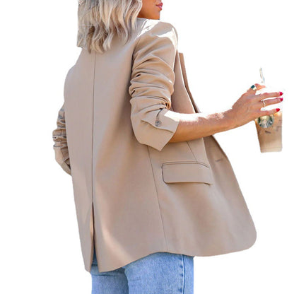 Chaqueta blazer lisa con bolsillos informales para mujer, otoño e invierno