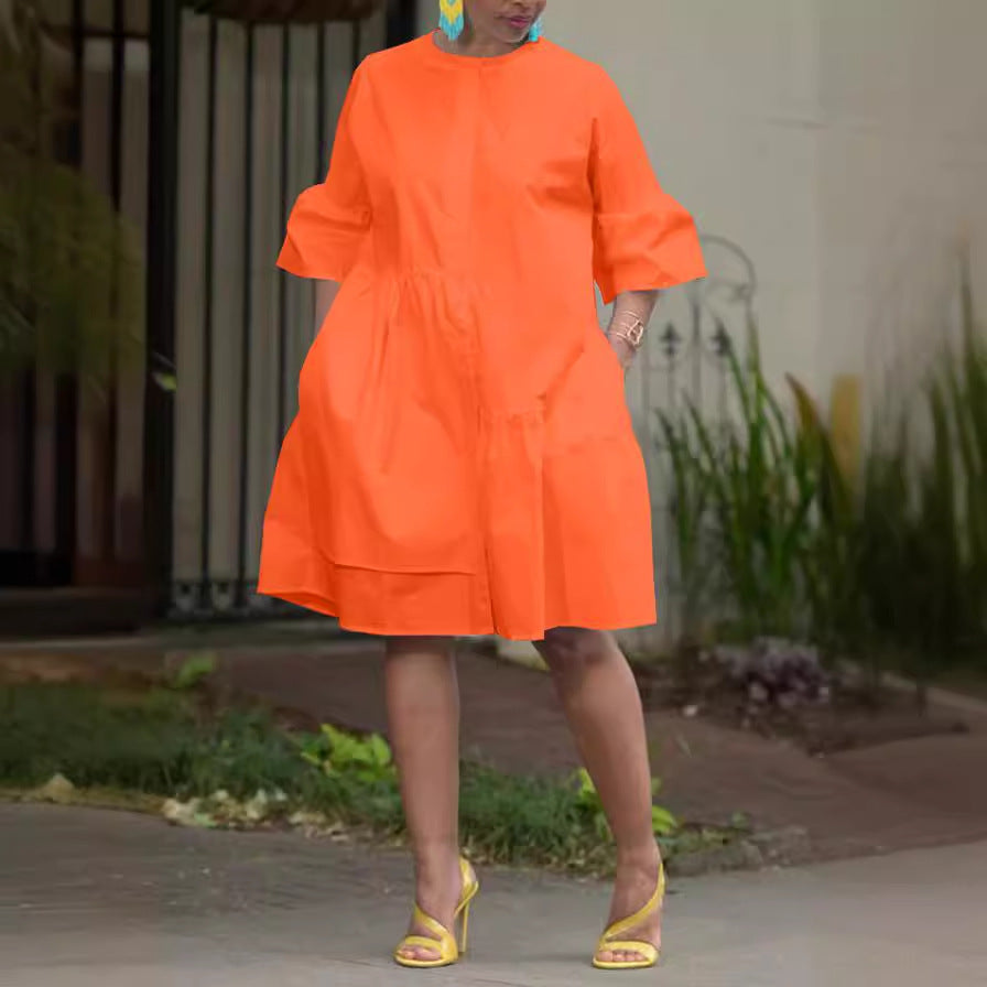 Spring And Summer Falre Sleeve Solid Color Women Casual Ruffled Dress