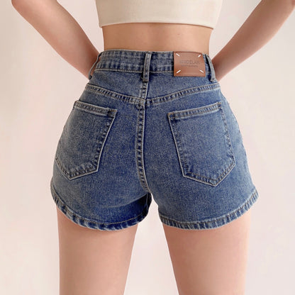 Pantalones cortos vaqueros rectos de cintura alta de color liso informales a la moda para mujer