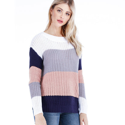 Women Casual Autumn And Winter Stripe Loose Knitted Sweater