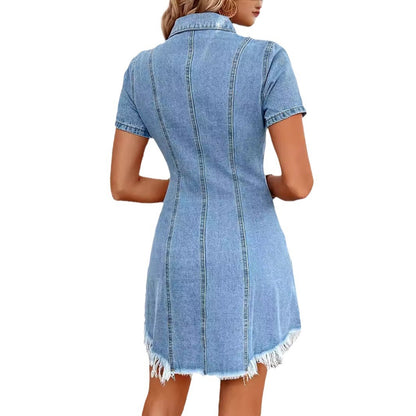 Women Fashion Casual Lapel Short Sleeve Pockets Denim Dress