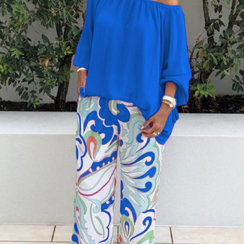Conjunto de dos piezas para mujer: top de color liso con hombros descubiertos y pantalón estampado informal