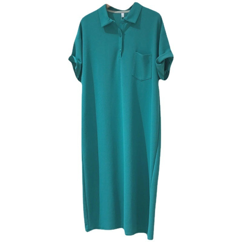 Women Basic Casual Summer Loose Short-sleeved Solid Color Lapel Shirt Dress