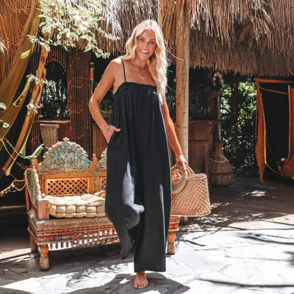 Women Casual Summer Vacation Solid Color Strap Wide Leg Loose Jumpsuits