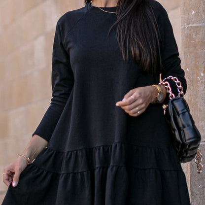 Vestido informal de manga larga para mujer, holgado, con cuello redondo y volantes, color liso