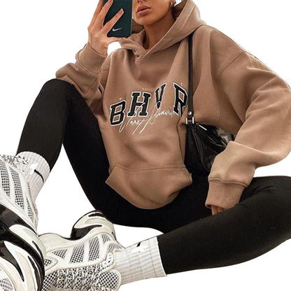 Women Fashion Casual Letter Printing Velvet Warm Long Sleeve Hooded Sweatshirt