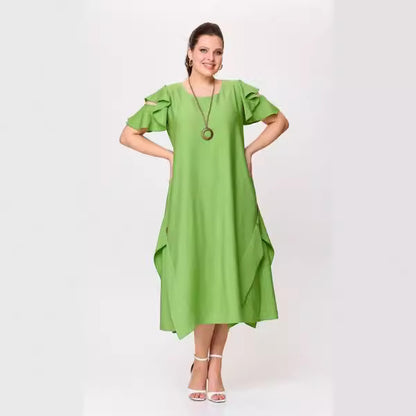 Summer Women Casual Solid Color Plus Size Ruffled Short Sleeve Dress
