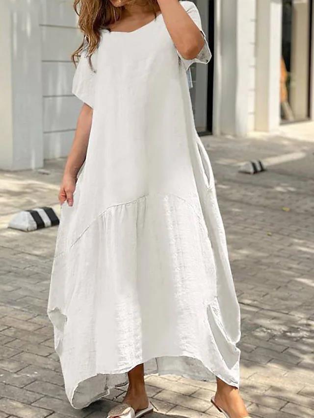 Women Fashion Casual Loose Plus Size Solid Color Cotton And Linen Maxi Dress