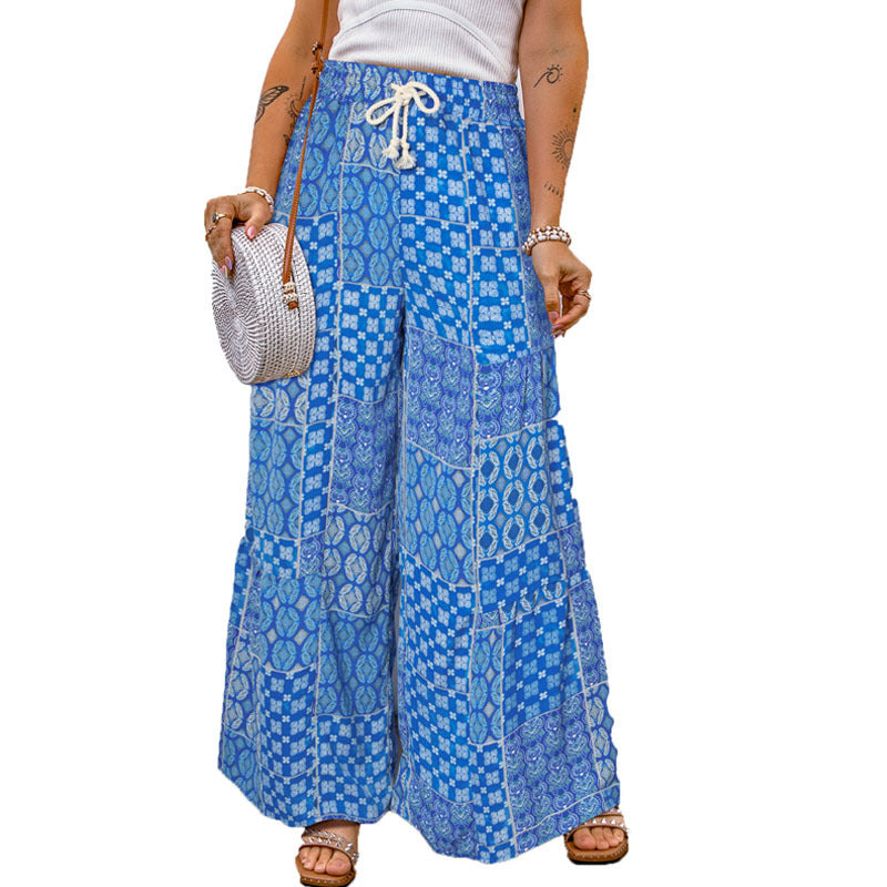 Pantalones casuales de pierna ancha y holgados con estampado de flores pequeñas para mujer