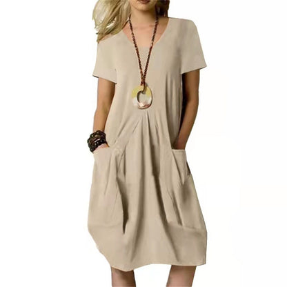 Casual Women Short Sleeve Solid Color Pocket Loose Dress