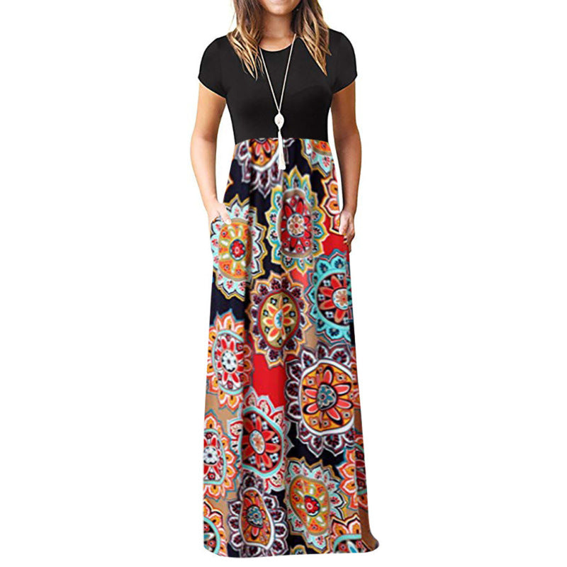 Vestido largo informal de manga corta con cuello redondo y estampado floral para mujer