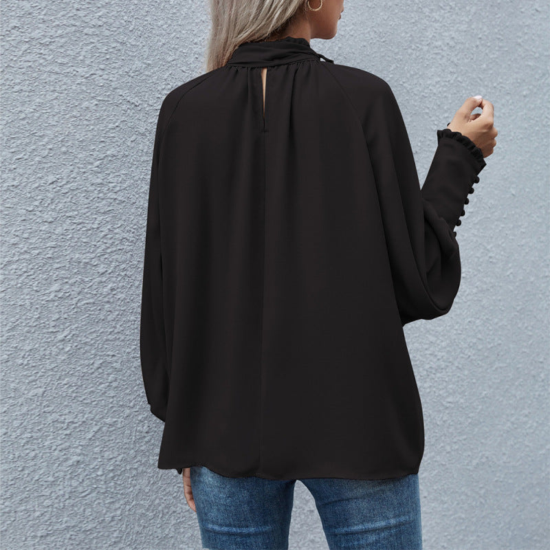 Blusa holgada informal elegante de manga larga con cuello alto y lazo para mujer