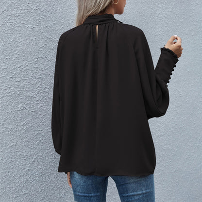 Blusa holgada informal elegante de manga larga con cuello alto y lazo para mujer
