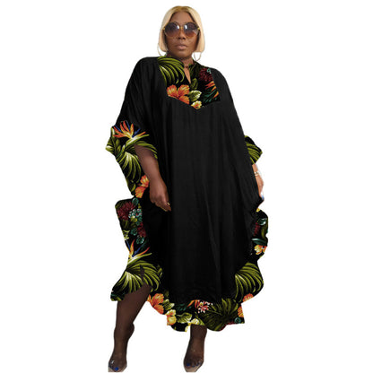 Women Casual Loose Floral Printed Buckle Neck Cropped Sleeve Dress
