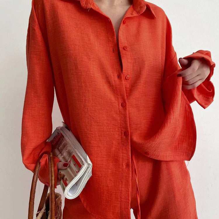 Conjunto de dos piezas de camisa de manga larga con solapa de color liso para mujer, pantalones bombachos y pantalón informal