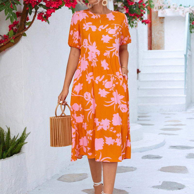 Summer Vacation Women'S Casual Loose Puff Sleeve Floral Printed Midi Dress