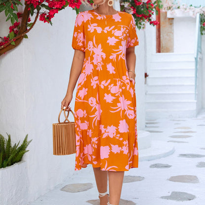 Summer Vacation Women'S Casual Loose Puff Sleeve Floral Printed Midi Dress