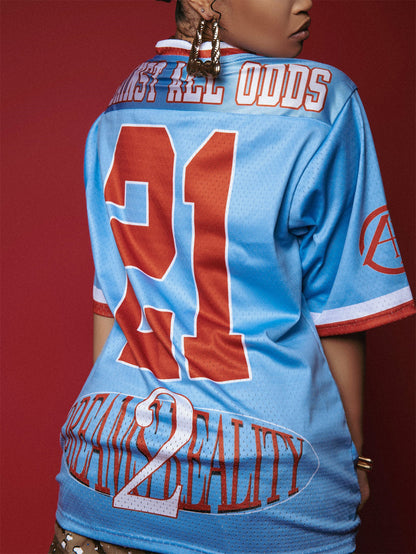 Women Fashion Casual Loose Contrast Color Digital Print Short Sleeve V-Neck Jersey T-Shirt