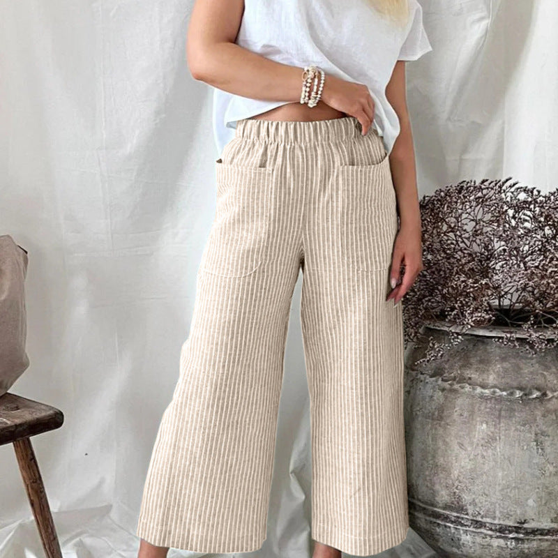 Women'S Fashion Casual Cotton Linen Stripe Loose Wide Leg Pants