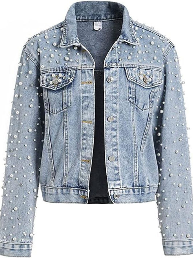 Chaqueta vaquera informal de manga larga con solapa y perlas y diamantes de imitación para mujer