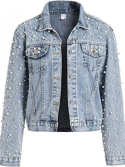 Chaqueta vaquera informal de manga larga con solapa y perlas y diamantes de imitación para mujer