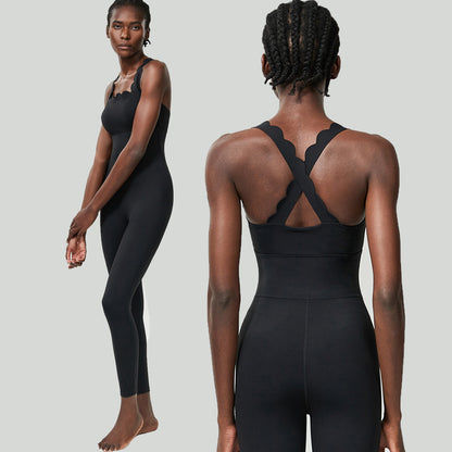 Women Simple Casual Solid Color Cross Wave Edge Sports Tight Yoga Jumpsuits