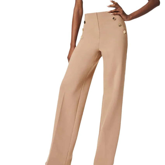 Pantalones casuales de cintura alta con botones y pierna ancha ajustados para mujer