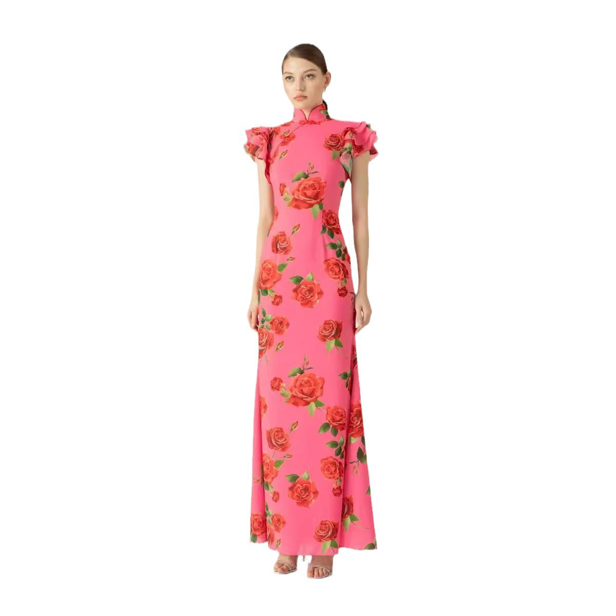 Vestido largo estilo cheongsam con mangas cortas y volantes, estampado floral de rosas, informal, para mujer