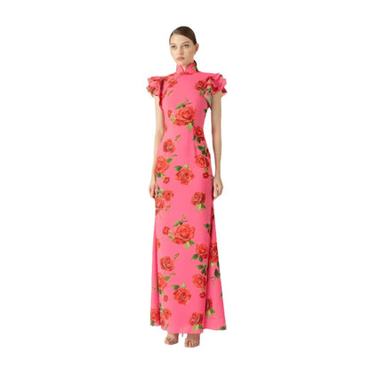 Vestido largo estilo cheongsam con mangas cortas y volantes, estampado floral de rosas, informal, para mujer