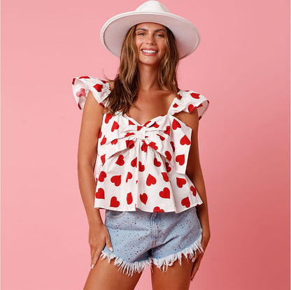 Spring Summer Valentine Women Casual V-Neck Bow Love Heart Printed Sleeveless Tank Top