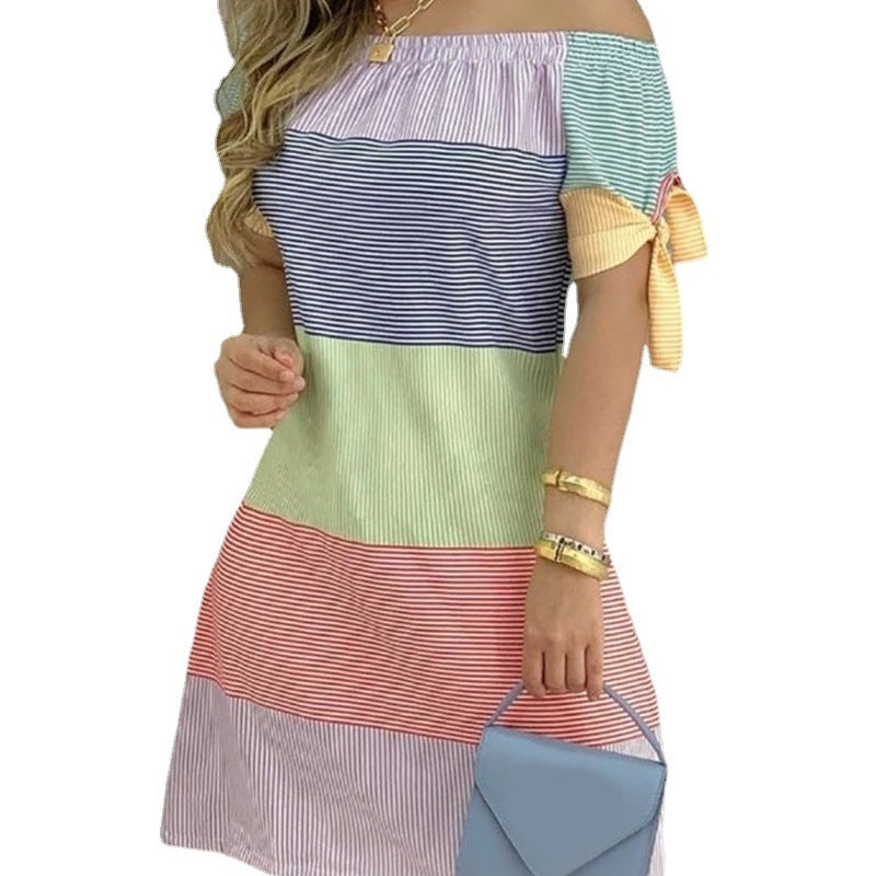 Women Casual Off-The-Shoulder Short Sleeves Color Blocking Dress
