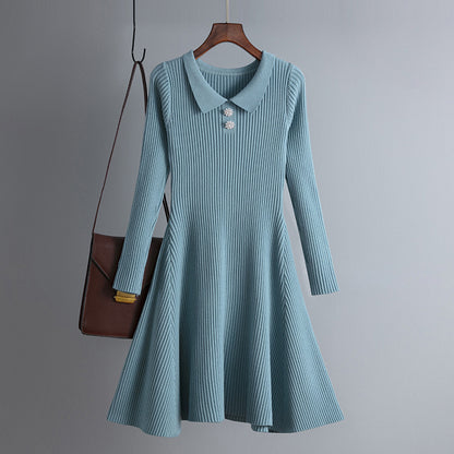 Vestido de punto de manga larga con solapa de color liso informal para mujer, otoño e invierno