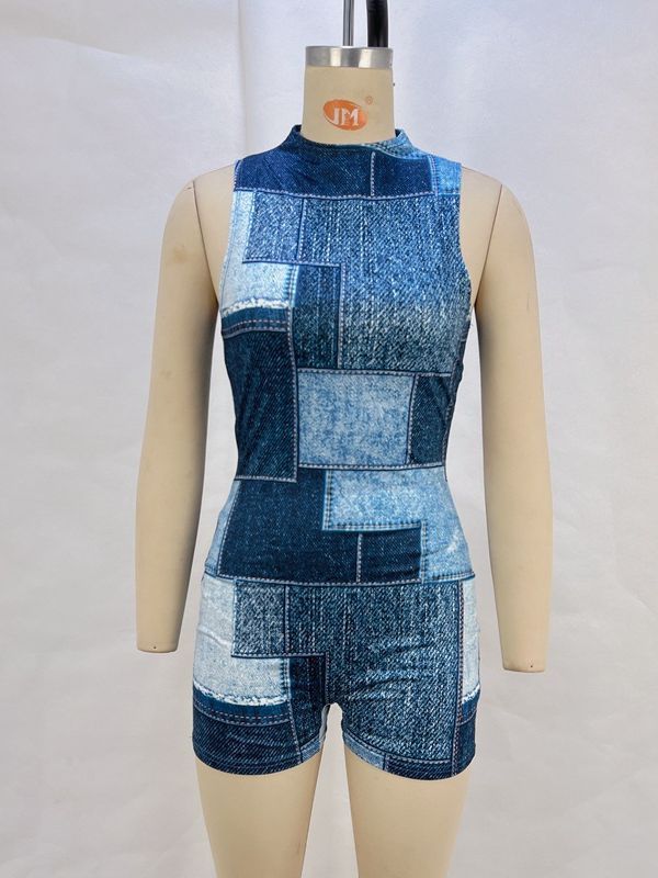 Women Summer New Casual Sleeveless Denim Printed Back Zipper Rompers