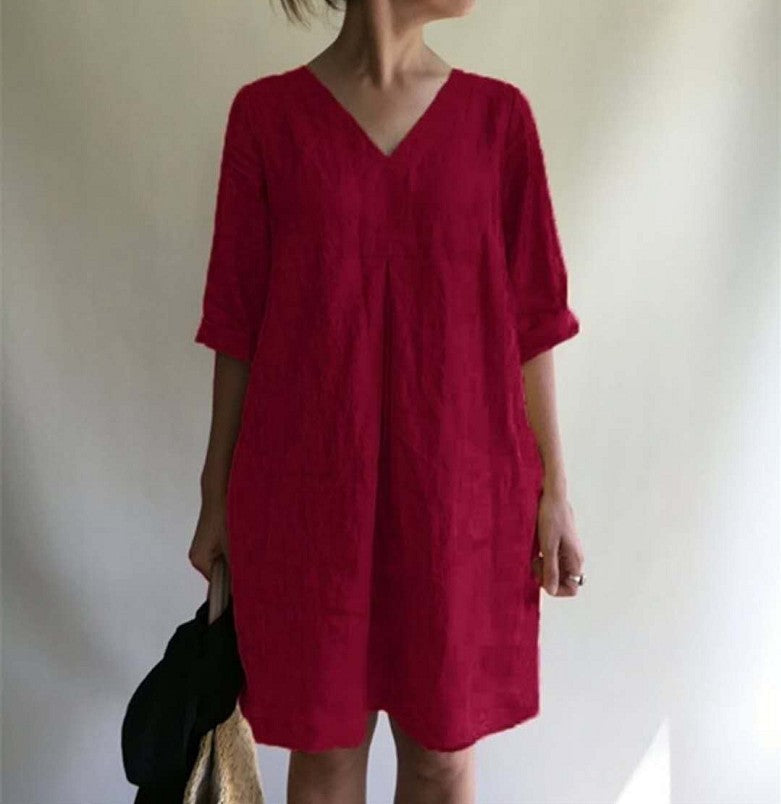 Women Fashion Casual Solid Color V-Neck Dress